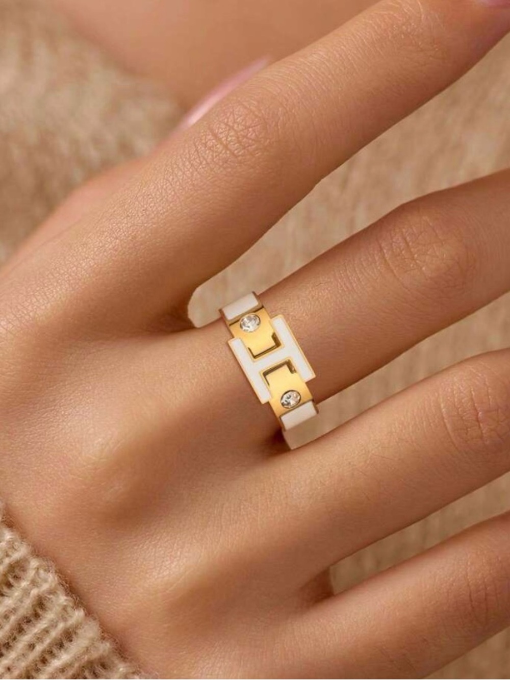 Gold and White Enamel H-Style Ring with Crystal Accents sz7